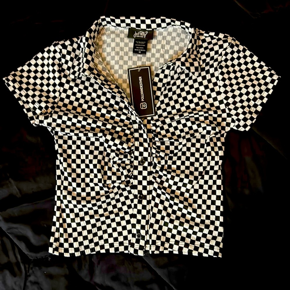 Just Polly New York blk/white checkered button collared crop top Size medium